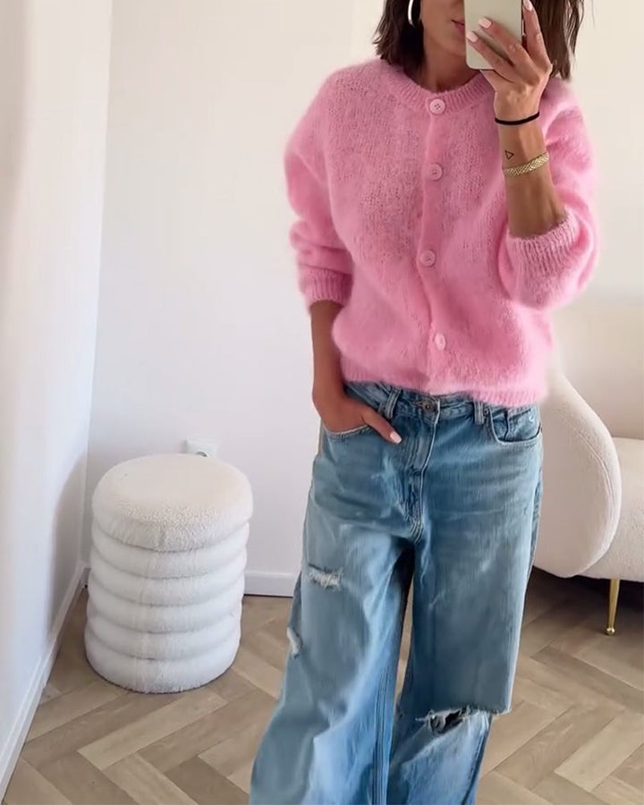 Crew Neck Plush Long-Sleeved Cardigan