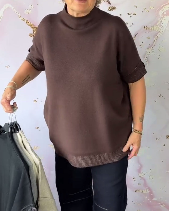 Solid Color Turtleneck Short-Sleeved Pullover
