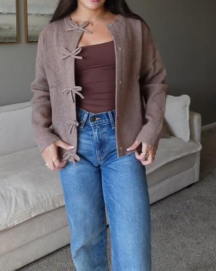 Bow Button Front Solid Cardigan