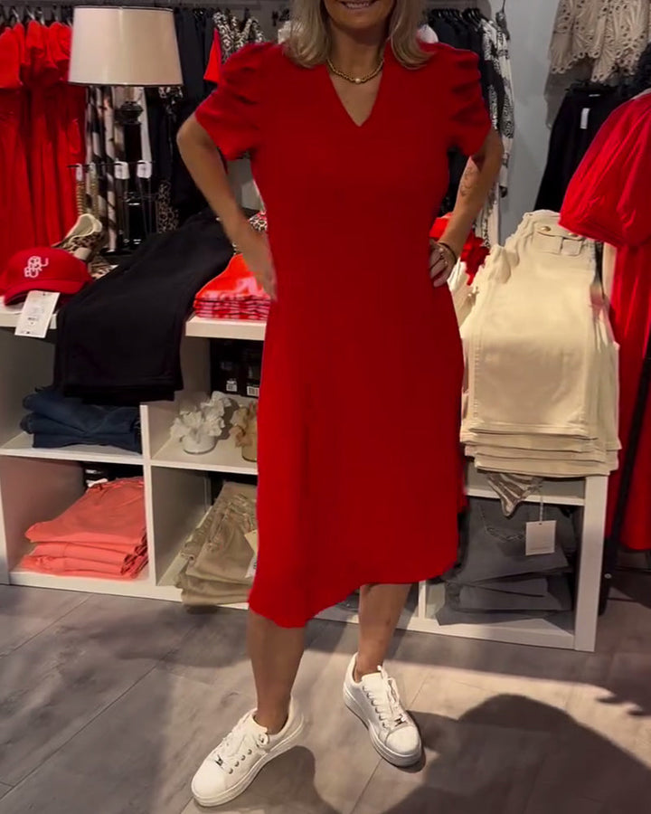 Puff Sleeve V-Neck Temperament Dress