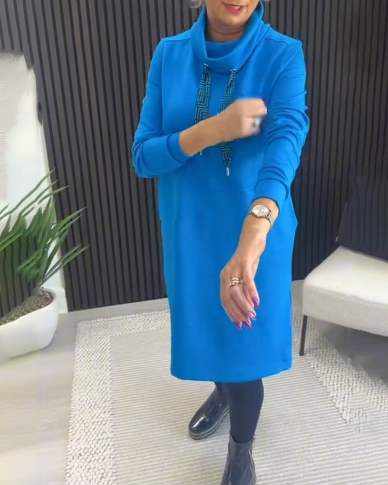 Scarf collar solid color pocket dress